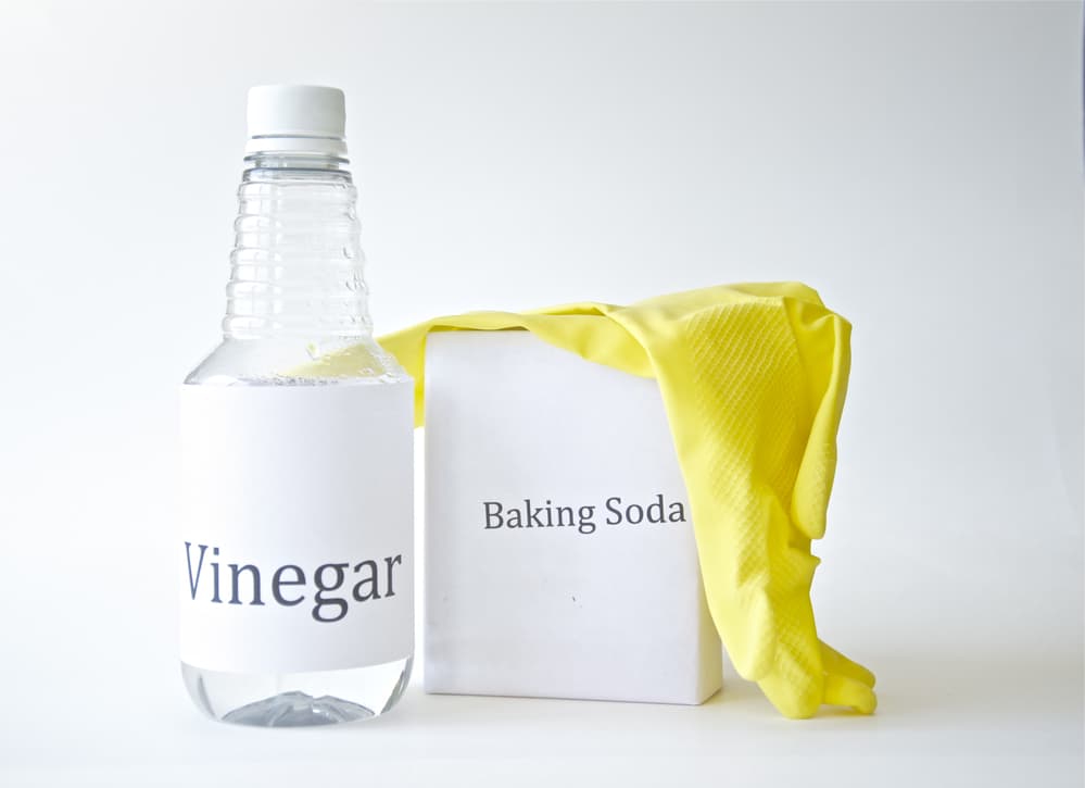 A bottle of vinegar and container of baking soda against a white background