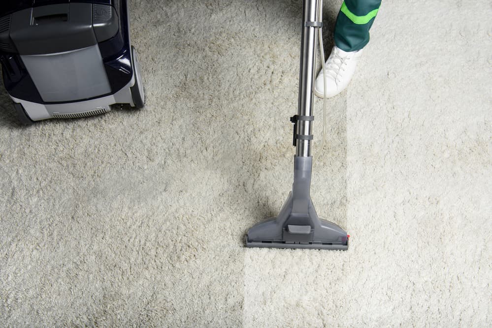 Housekeeper vacuuming a dirty carpet