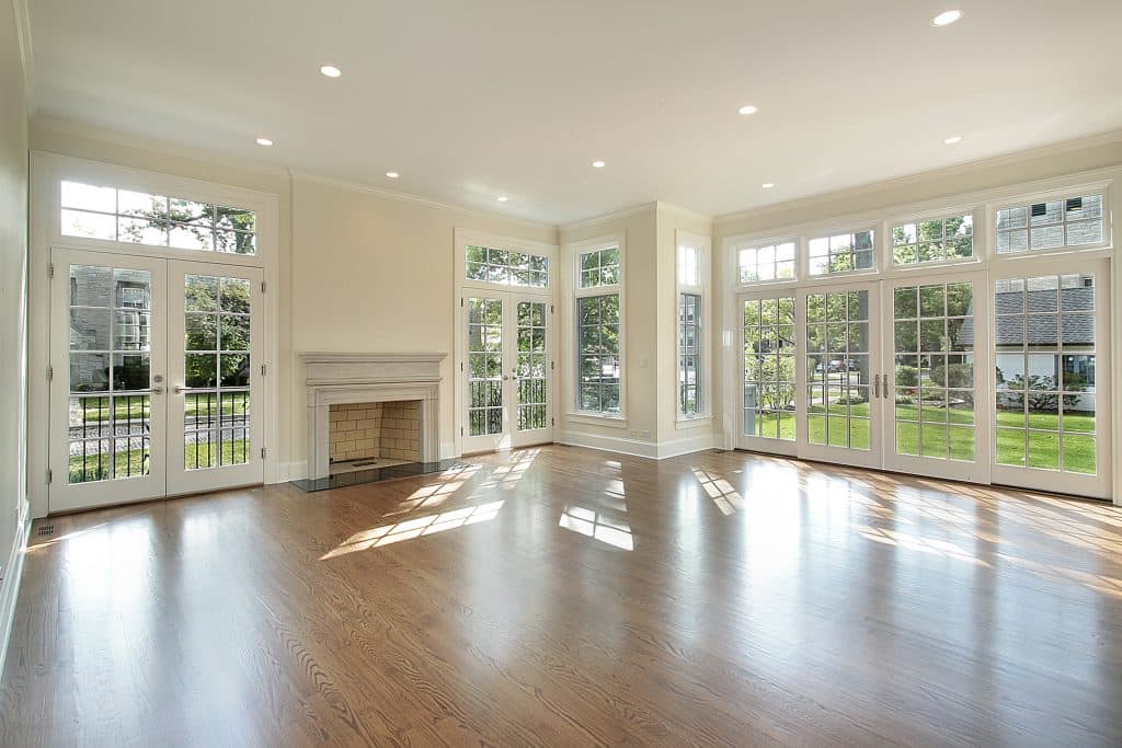 An open space in a house with a fireplace