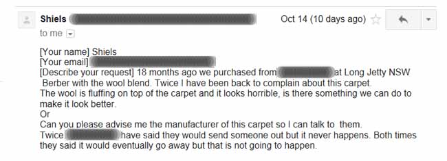 email regarding ruined wool Berbe carpet